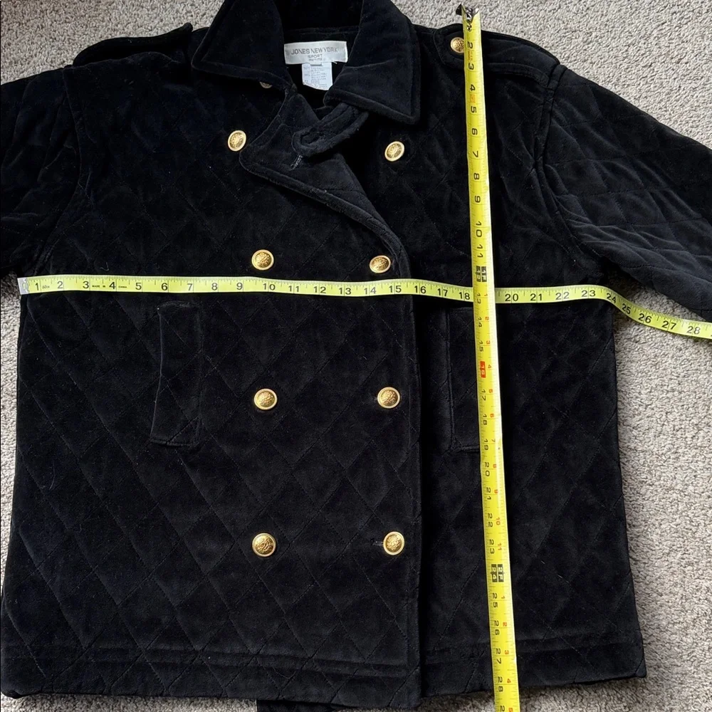 Jones New York Black Velvet Quilted Pea Coat with Gold Buttons Size PL‎